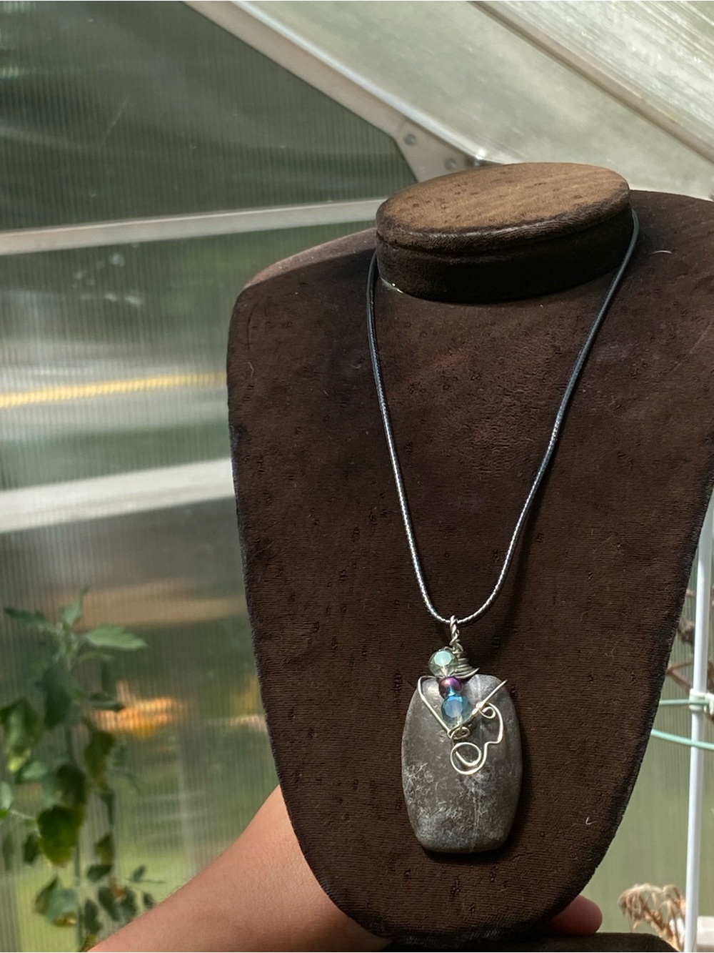 Handcrafted Gray Charcoal Natural Stone Pendant Necklace with Iridescent Beads